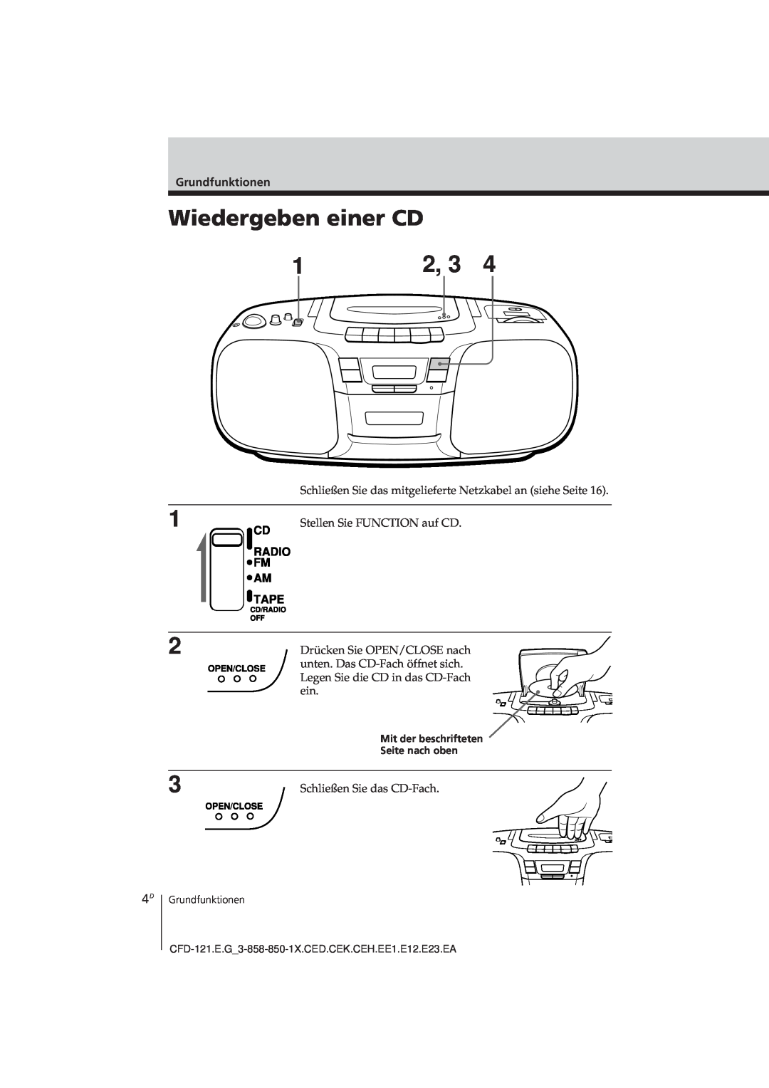 Sony CFD-121 operating instructions Wiedergeben einer CD, Grundfunktionen, Mit der beschrifteten Seite nach oben 