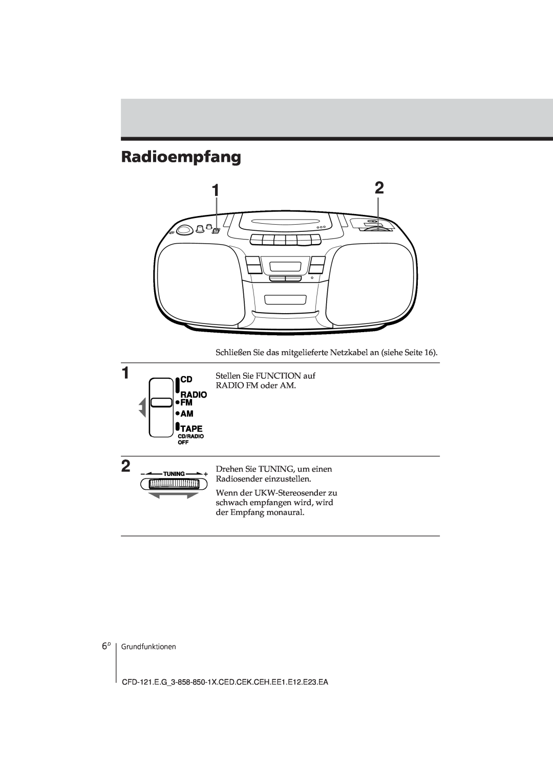 Sony CFD-121 operating instructions Radioempfang, Grundfunktionen 