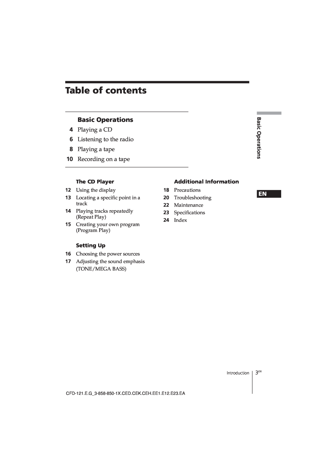 Sony CFD-121 Table of contents, Basic Operations, Playing a CD, Listening to the radio, Playing a tape 