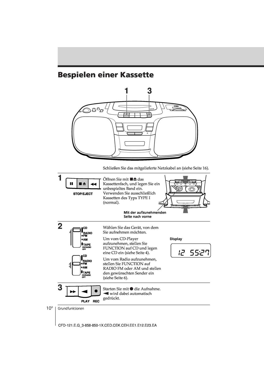 Sony CFD-121 operating instructions Bespielen einer Kassette 