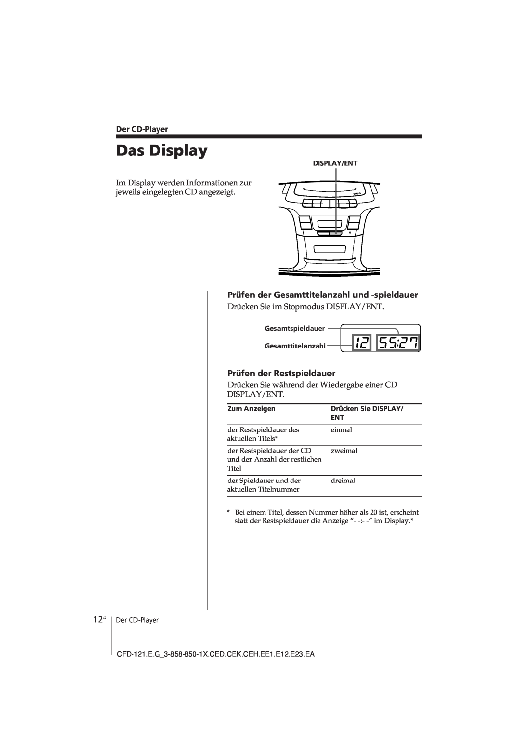 Sony CFD-121 Das Display, Der CD-Player, Display/Ent, Gesamtspieldauer Gesamttitelanzahl, Zum Anzeigen 