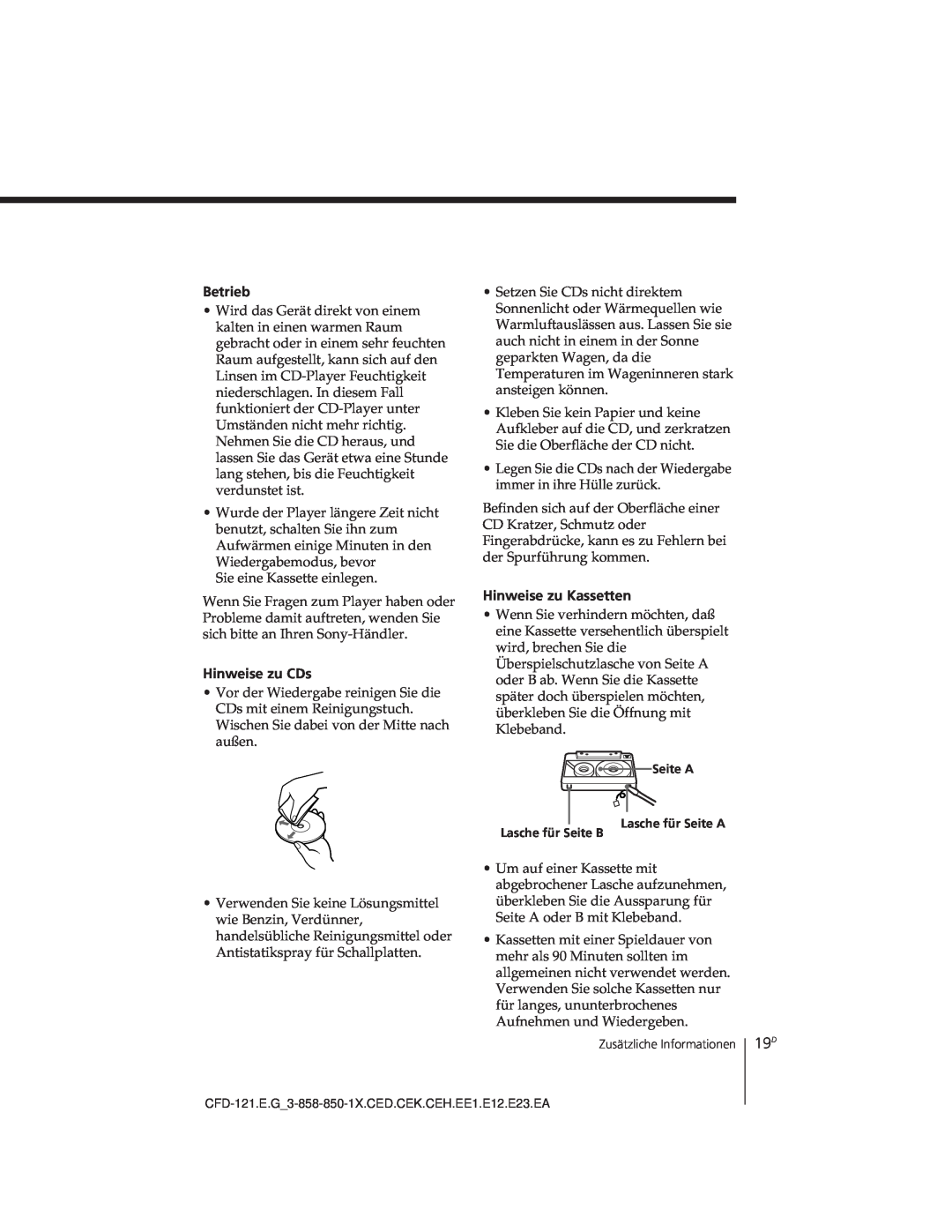Sony CFD-121 operating instructions Betrieb, Hinweise zu CDs, Hinweise zu Kassetten 