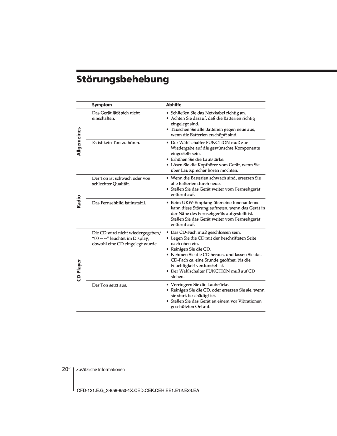 Sony CFD-121 operating instructions Störungsbehebung, Allgemeines Radio, CD-Player, Symptom, Abhilfe 