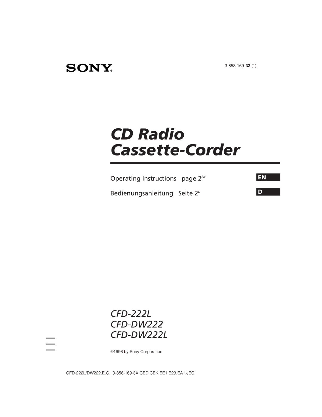 Sony CFD-DW222L, CFD-222L operating instructions CD Radio Cassette-Corder 