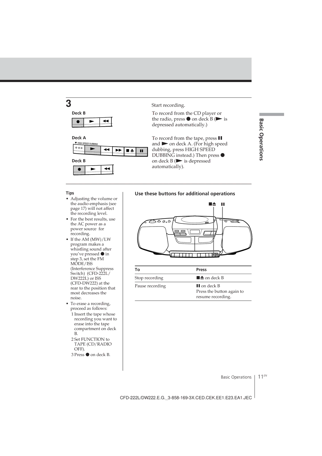 Sony CFD-DW222L, CFD-222L operating instructions 11EN, Deck B Deck a, Tips, Press 