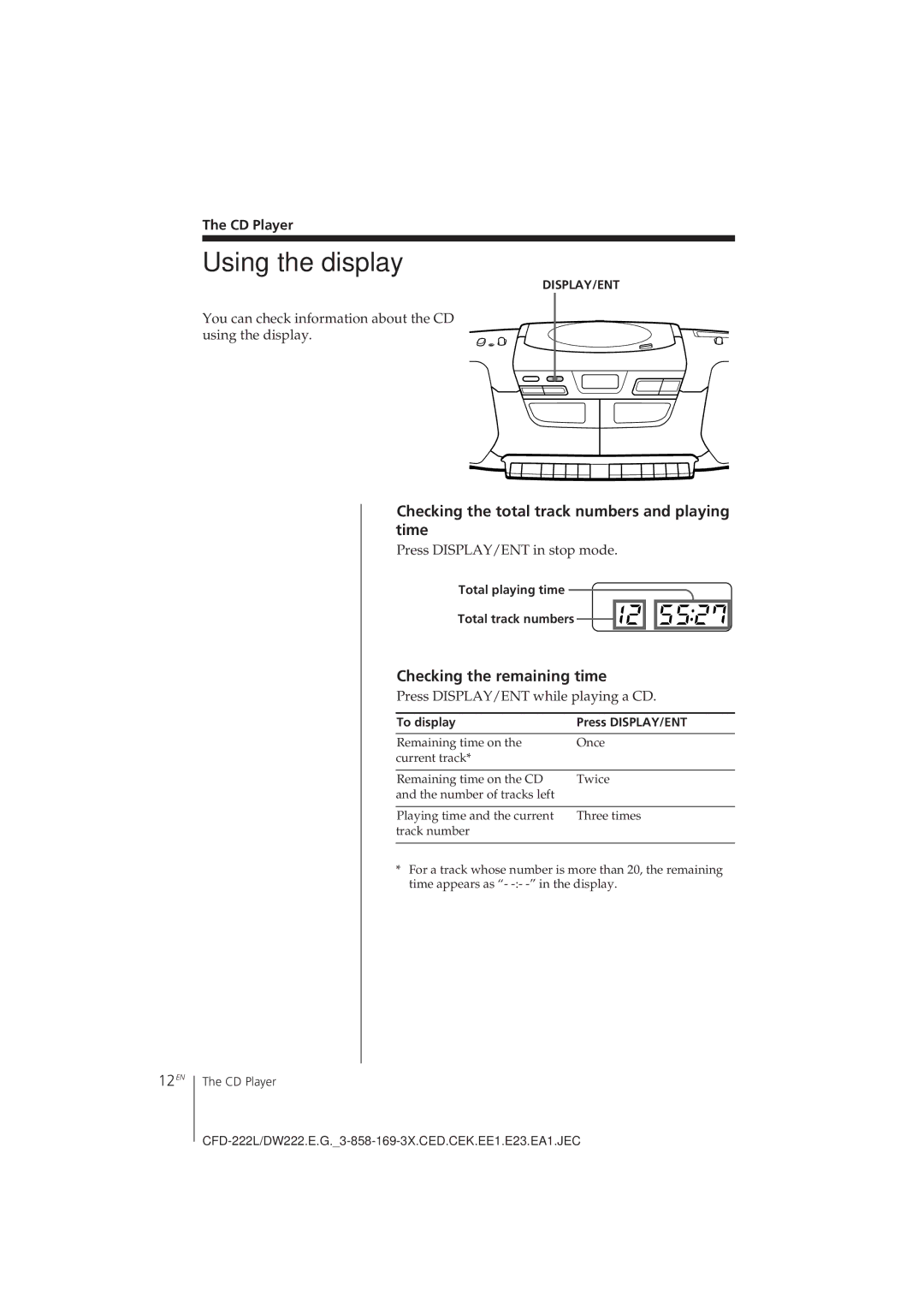 Sony CFD-222L Using the display, Checking the total track numbers and playing time, 12EN, Checking the remaining time 
