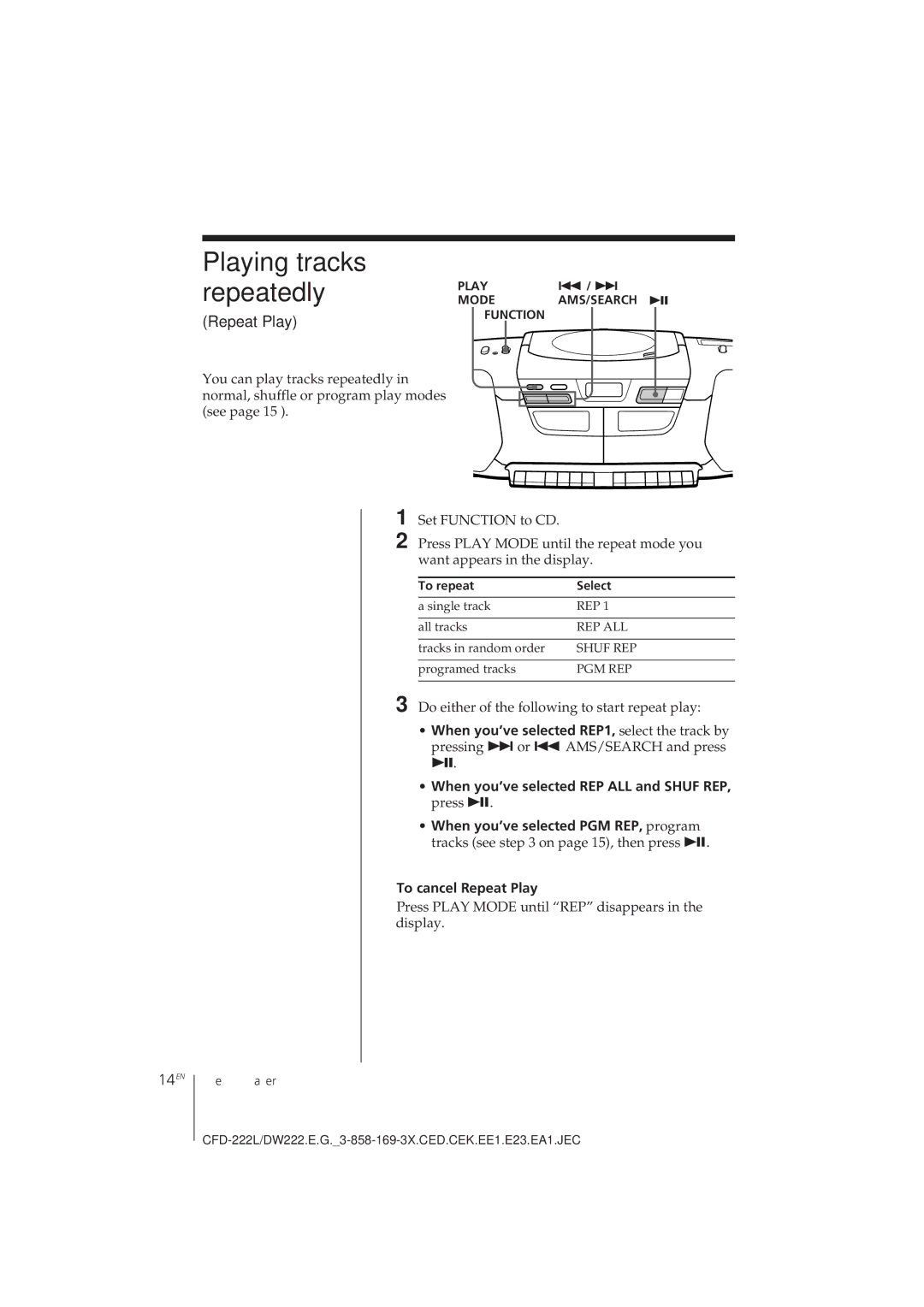 Sony CFD-222L, CFD-DW222L Playing tracks repeatedly, 14EN, To cancel Repeat Play, To repeat Select 
