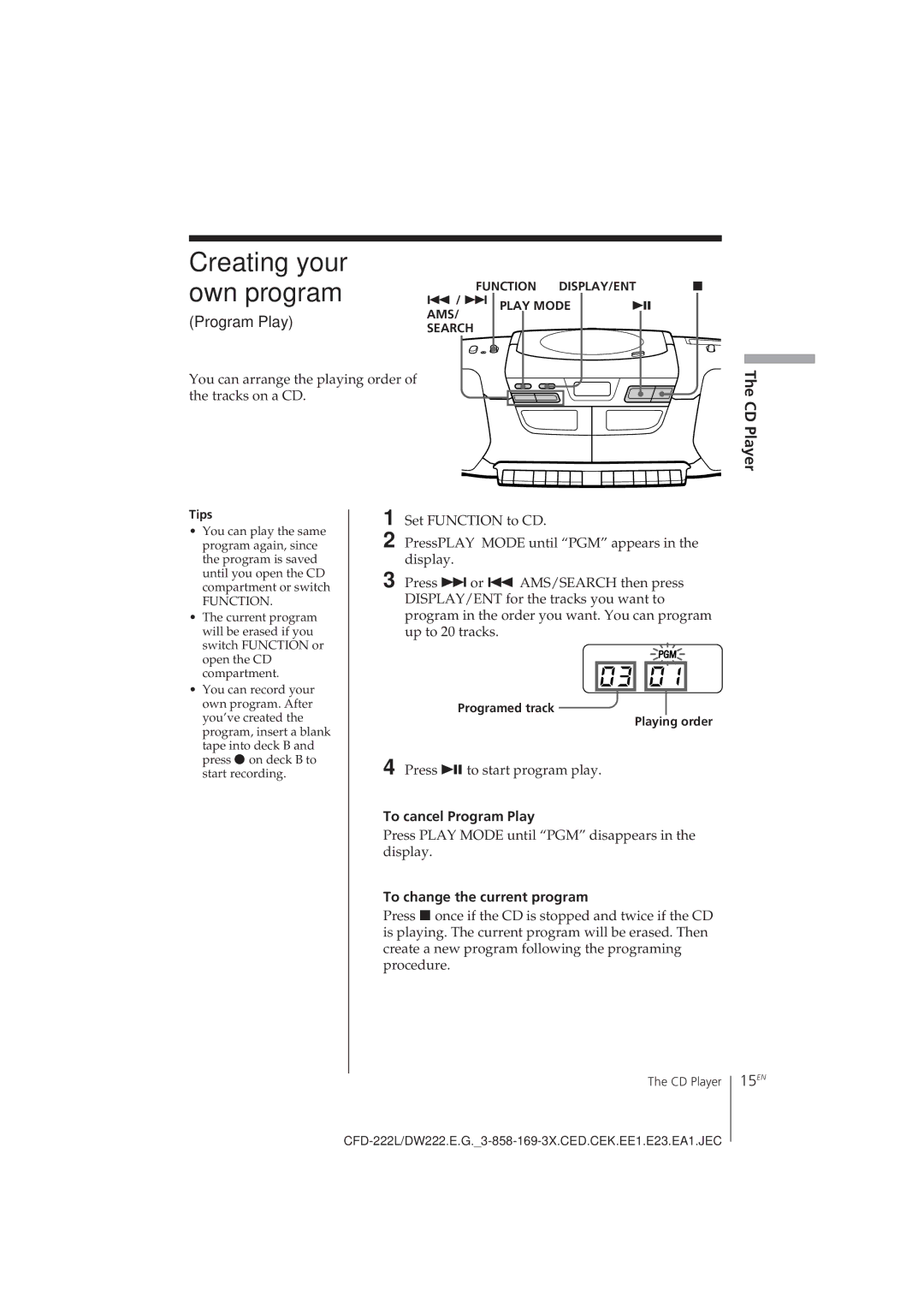 Sony CFD-DW222L, CFD-222L Creating your own program, 15EN, To cancel Program Play, To change the current program 