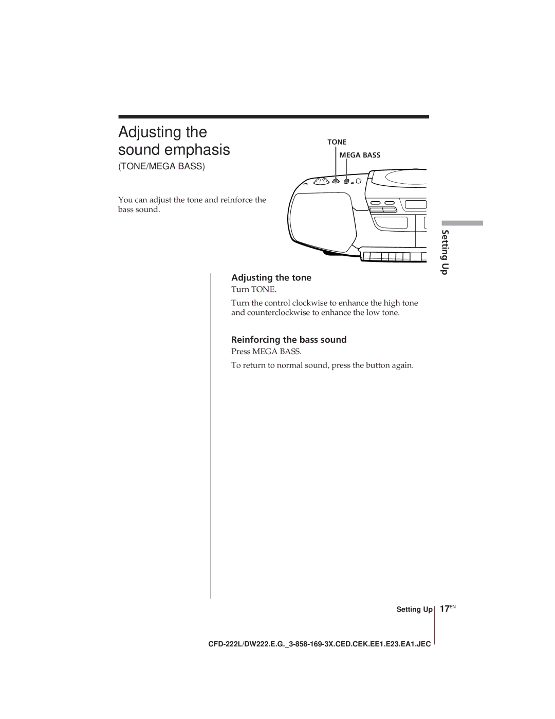 Sony CFD-DW222L, CFD-222L Adjusting the sound emphasis, Adjusting the tone, Reinforcing the bass sound, 17EN 