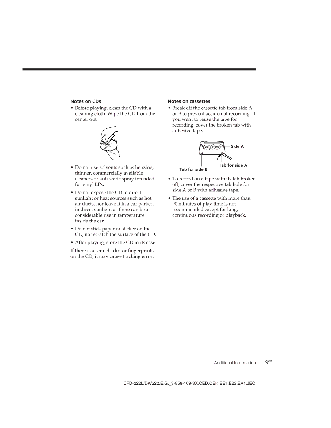 Sony CFD-DW222L, CFD-222L operating instructions 19EN, Side a, Tab for side a Tab for side B 