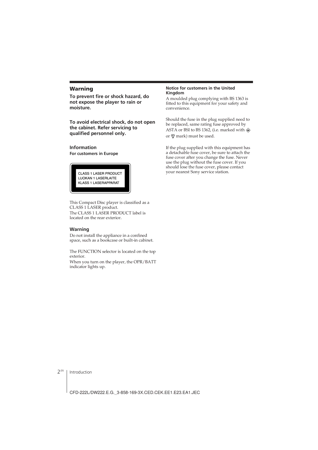 Sony CFD-222L, CFD-DW222L operating instructions For customers in Europe 