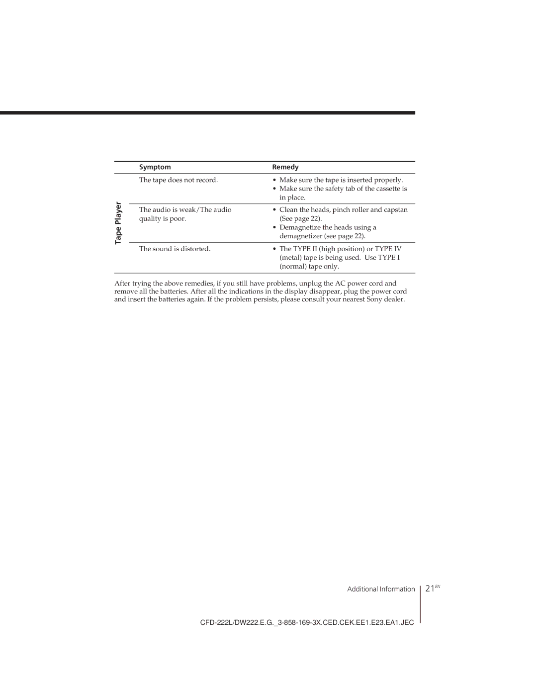 Sony CFD-DW222L, CFD-222L operating instructions 21EN 