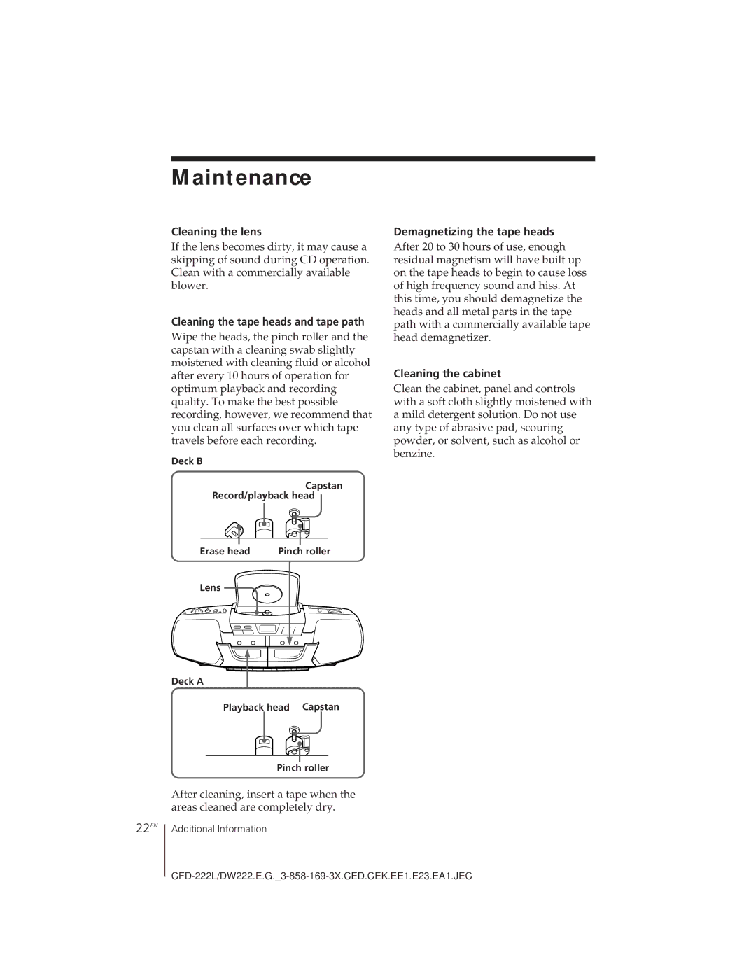 Sony CFD-222L, CFD-DW222L operating instructions Maintenance, 22EN 