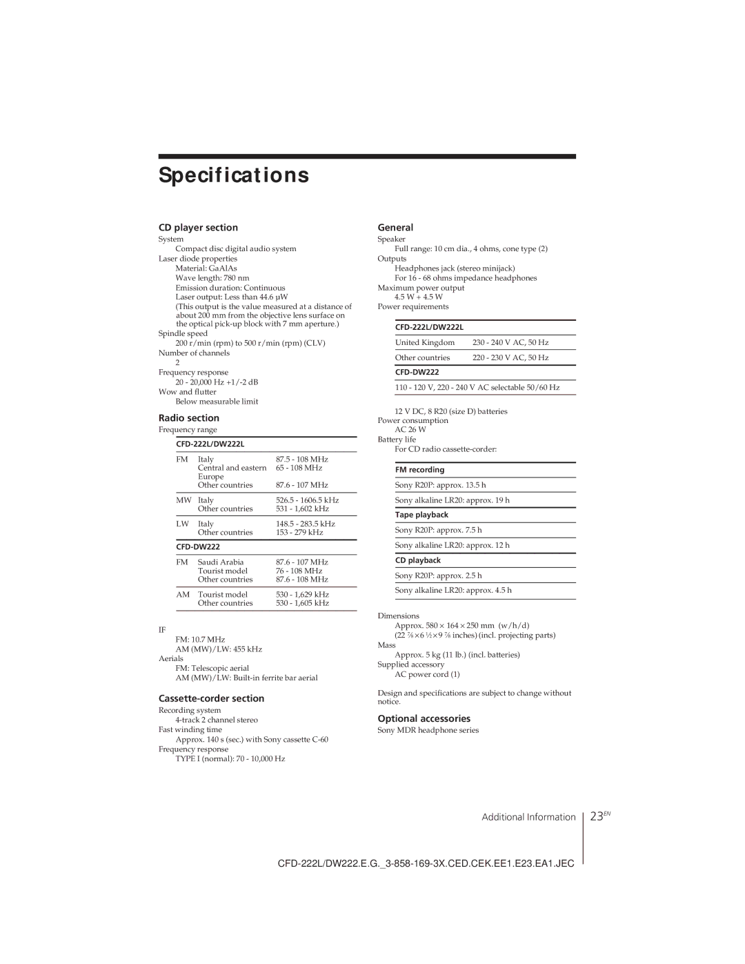 Sony CFD-DW222L, CFD-222L operating instructions Specifications, 23EN 