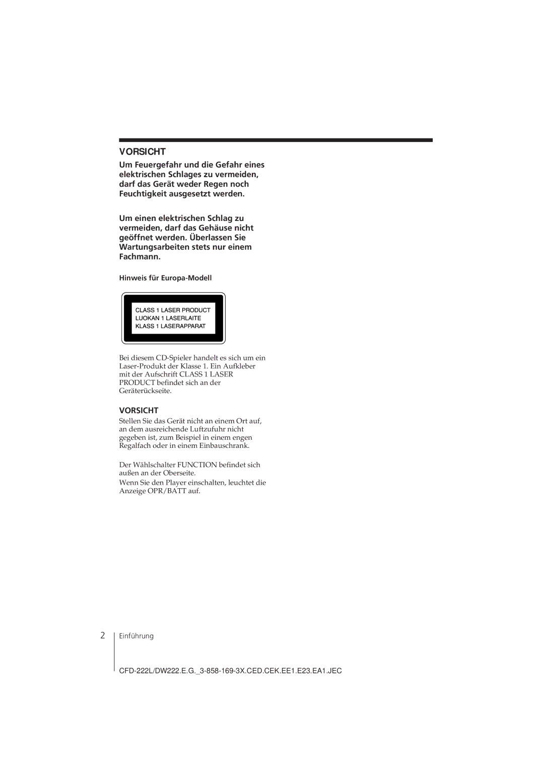 Sony CFD-DW222L, CFD-222L operating instructions Vorsicht, Hinweis für Europa-Modell 