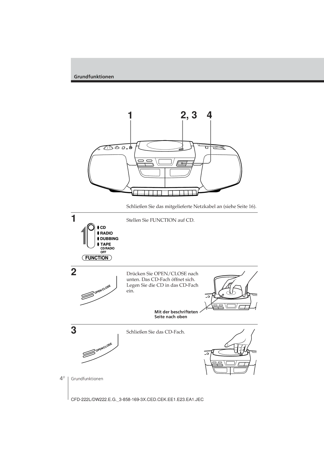 Sony CFD-DW222L, CFD-222L Wiedergeben einer CD, Grundfunktionen, Mit der beschrifteten Seite nach oben 