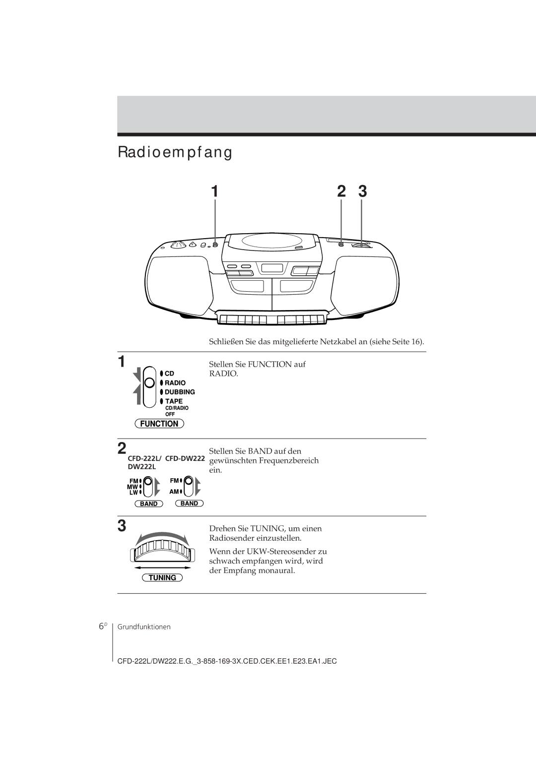 Sony CFD-DW222L, CFD-222L operating instructions Radioempfang, DW222Lein 