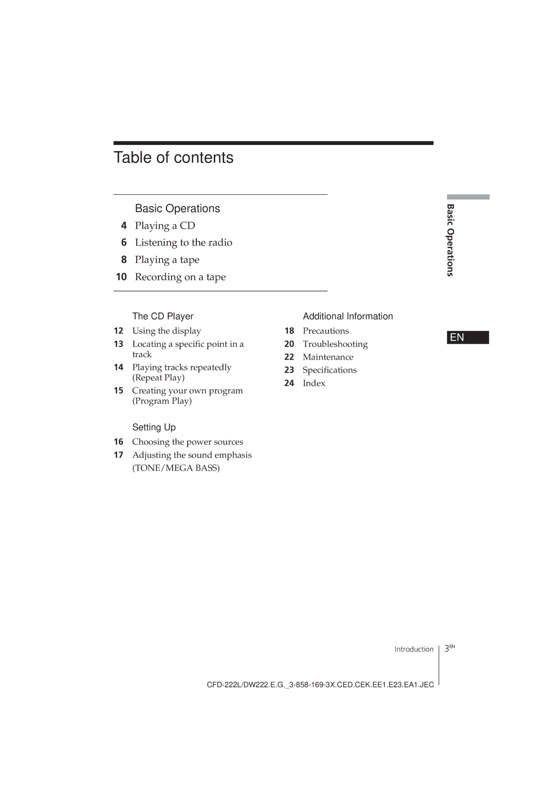 Sony CFD-DW222L, CFD-222L operating instructions Table of contents 