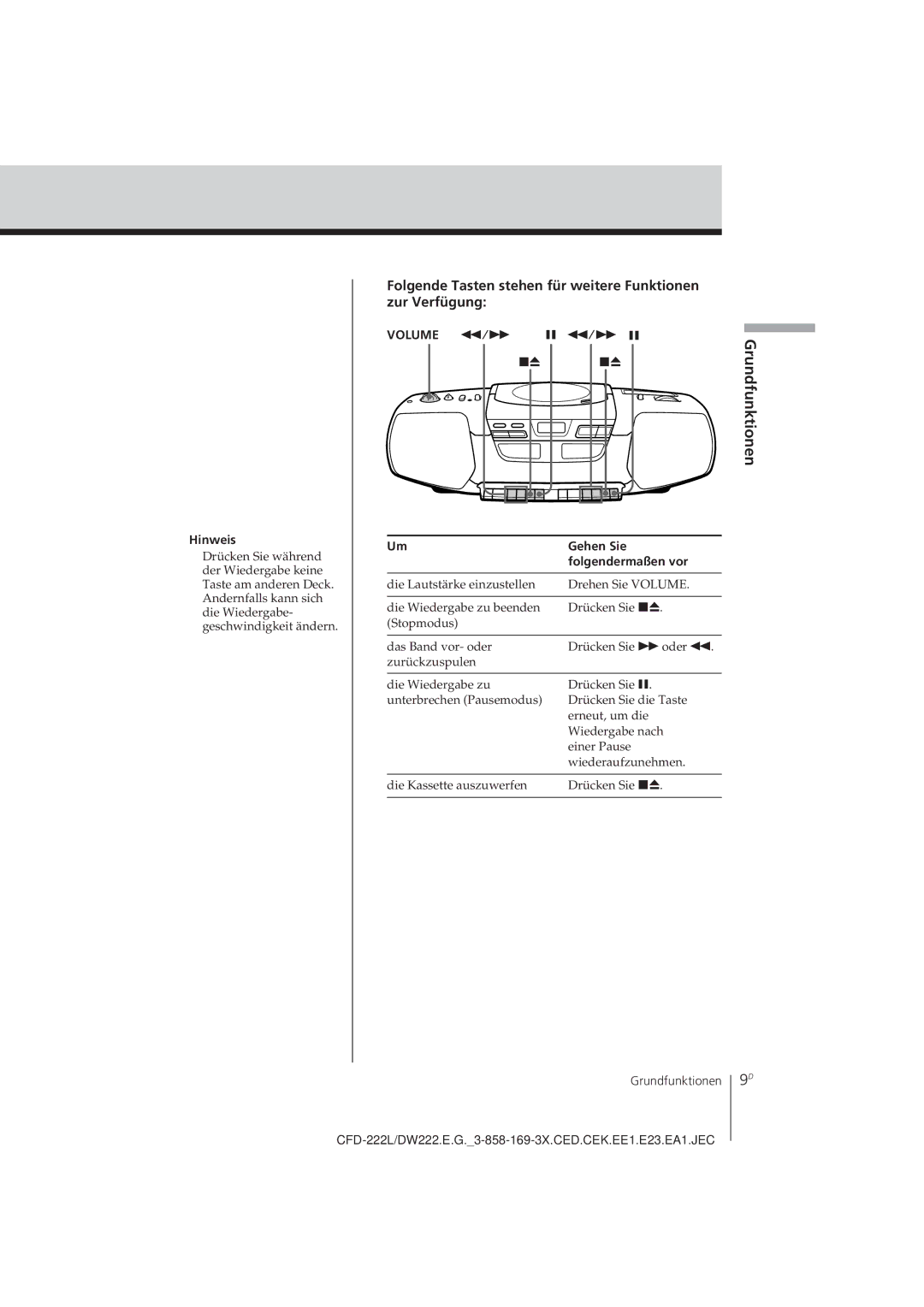 Sony CFD-222L, CFD-DW222L operating instructions Hinweis, Volume 