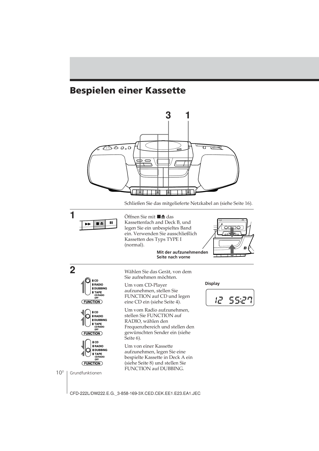 Sony CFD-DW222L, CFD-222L Bespielen einer Kassette, 10D, Mit der aufzunehmenden Seite nach vorne, Display 