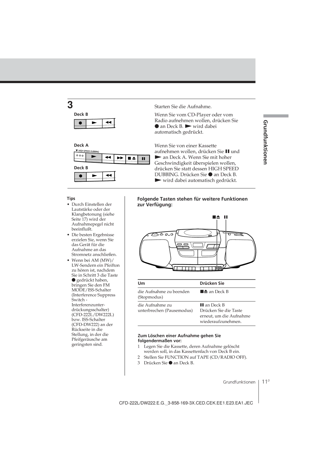 Sony CFD-222L, CFD-DW222L 11D, Deck B, Drücken Sie, Zum Löschen einer Aufnahme gehen Sie folgendermaßen vor 