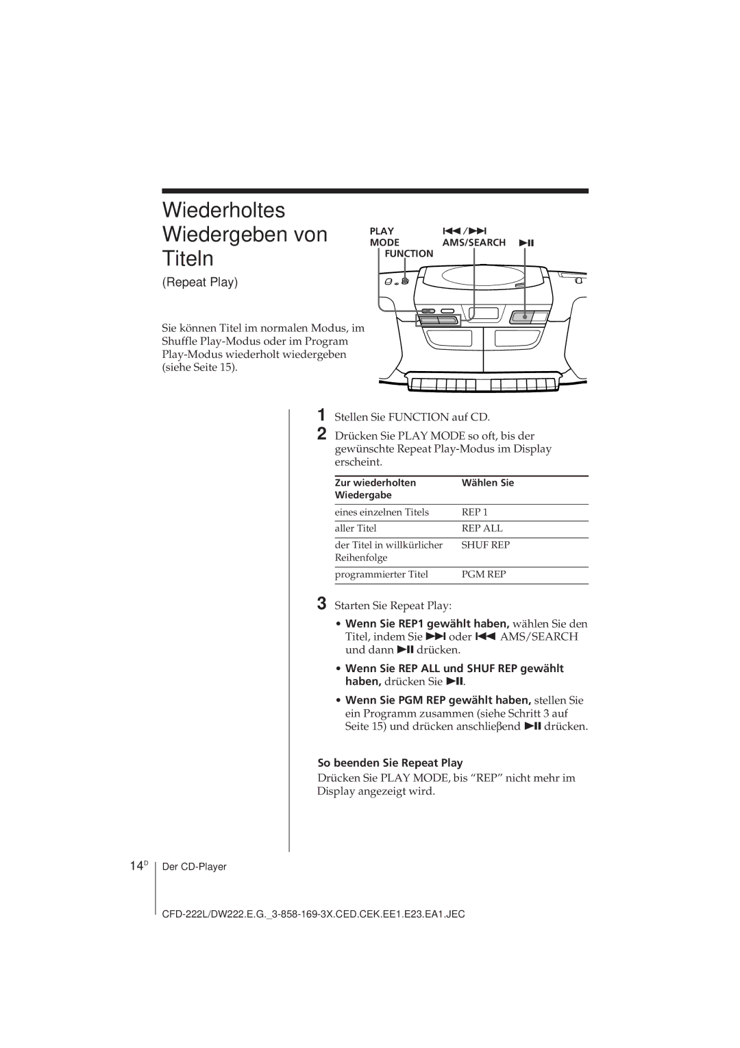 Sony CFD-DW222L, CFD-222L operating instructions Wiederholtes Wiedergeben von Titeln, 14D, So beenden Sie Repeat Play 