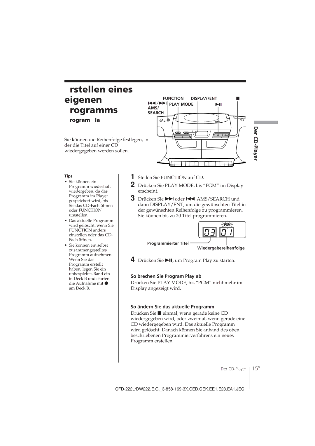 Sony CFD-222L, CFD-DW222L operating instructions Erstellen eines Eigenen, Programms, 15D, So brechen Sie Program Play ab 