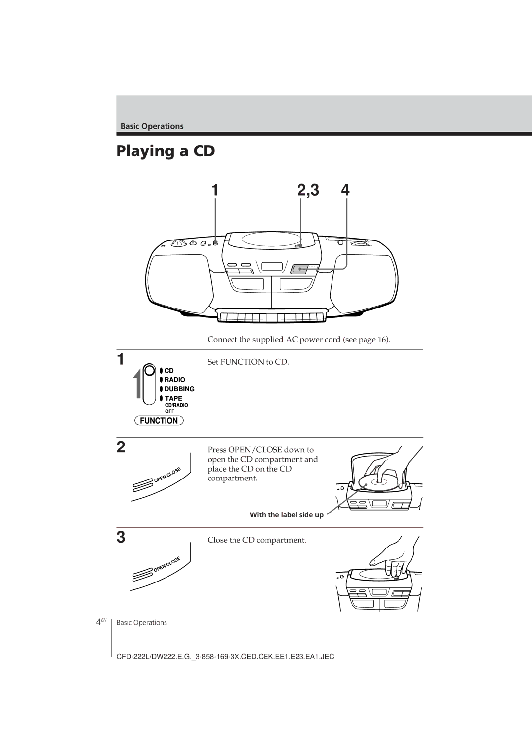 Sony CFD-222L, CFD-DW222L operating instructions Playing a CD, Basic Operations, With the label side up 