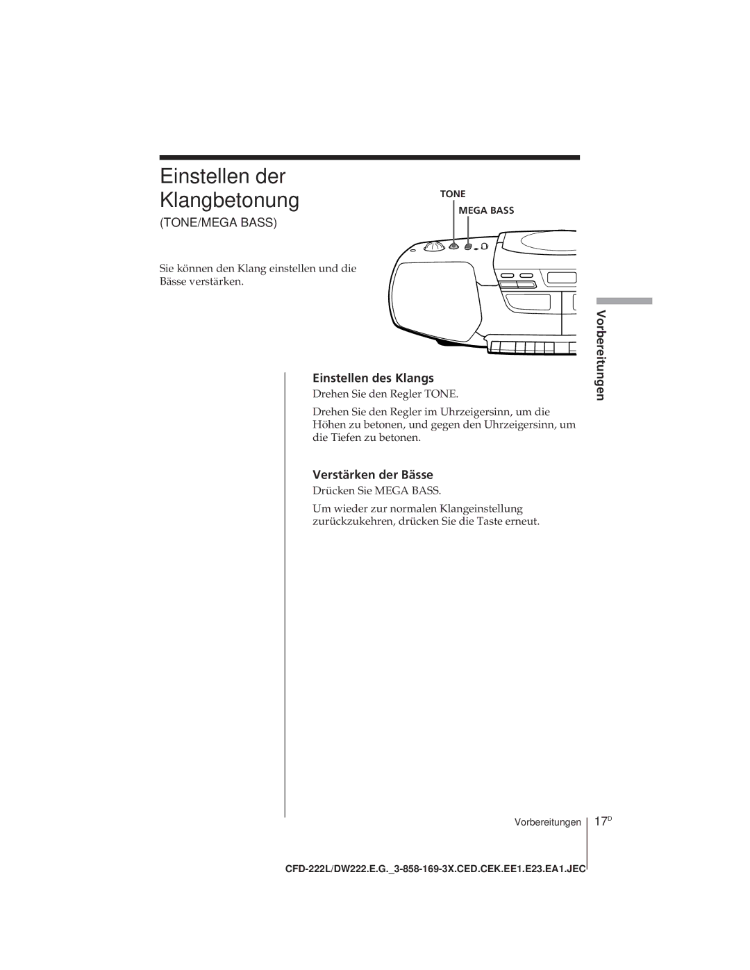 Sony CFD-222L, CFD-DW222L Einstellen der Klangbetonung, Einstellen des Klangs, Vorbereitungen Verstärken der Bässe, 17D 
