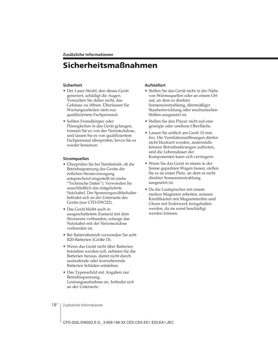 Sony CFD-DW222L, CFD-222L operating instructions Sicherheitsmaßnahmen, 18D 