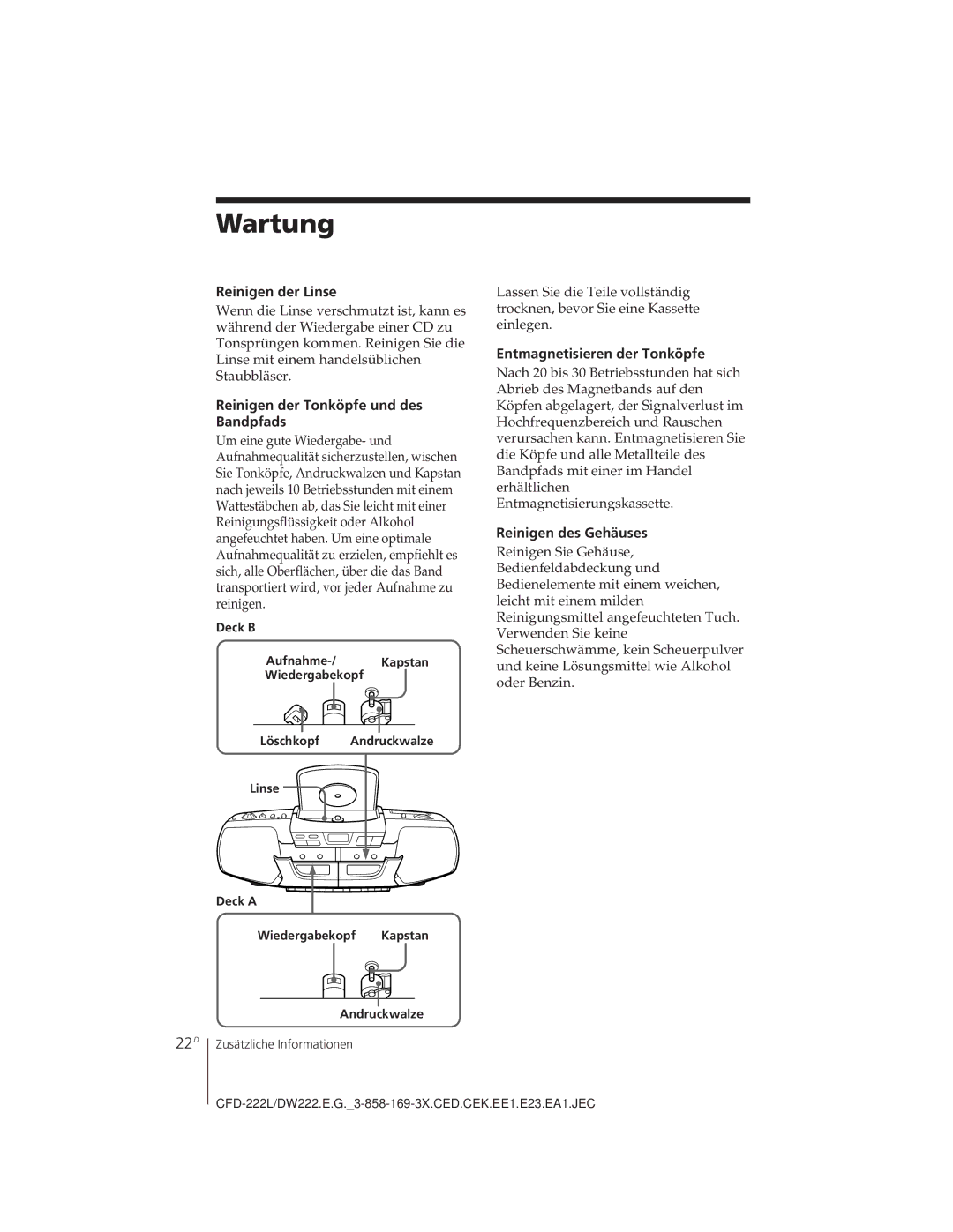 Sony CFD-DW222L, CFD-222L operating instructions Wartung, 22D 