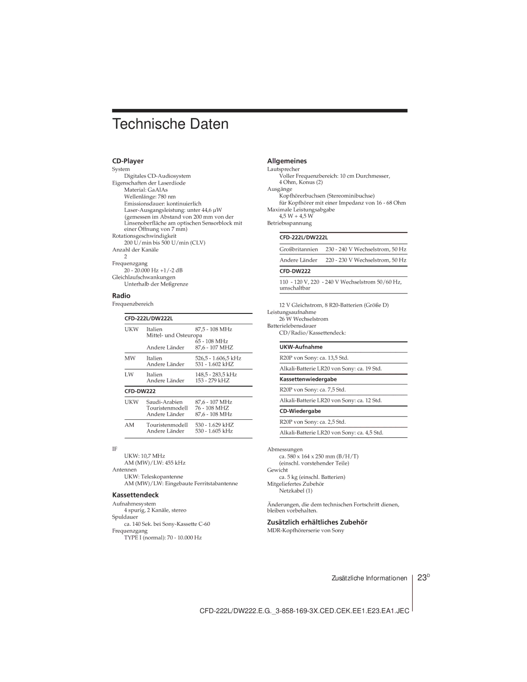 Sony CFD-222L, CFD-DW222L operating instructions Technische Daten, 23D 