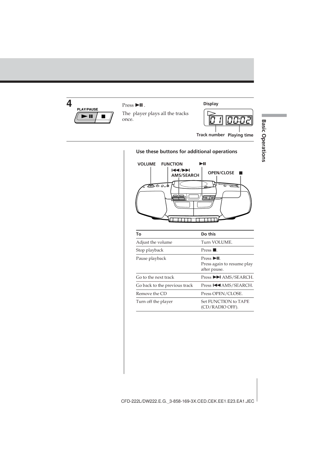 Sony CFD-DW222L Basic Operations, Use these buttons for additional operations, Track number Playing time, Do this 