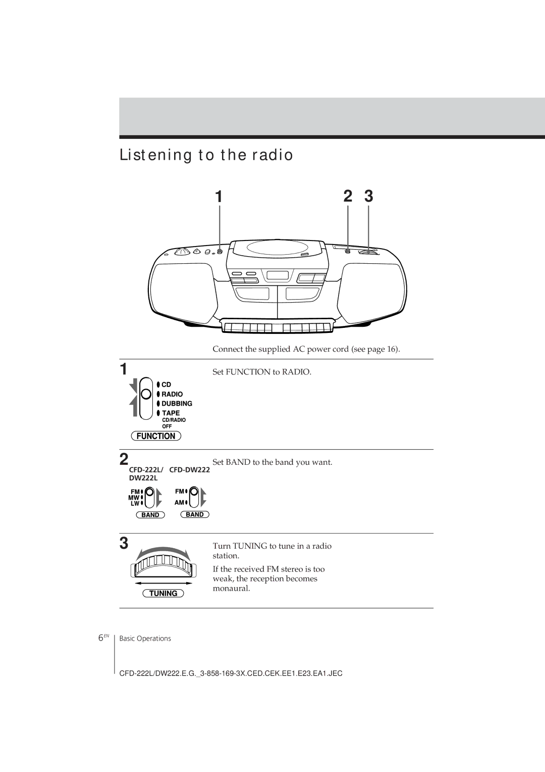 Sony CFD-DW222L operating instructions Listening to the radio, CFD-222L/ CFD-DW222 DW222L 