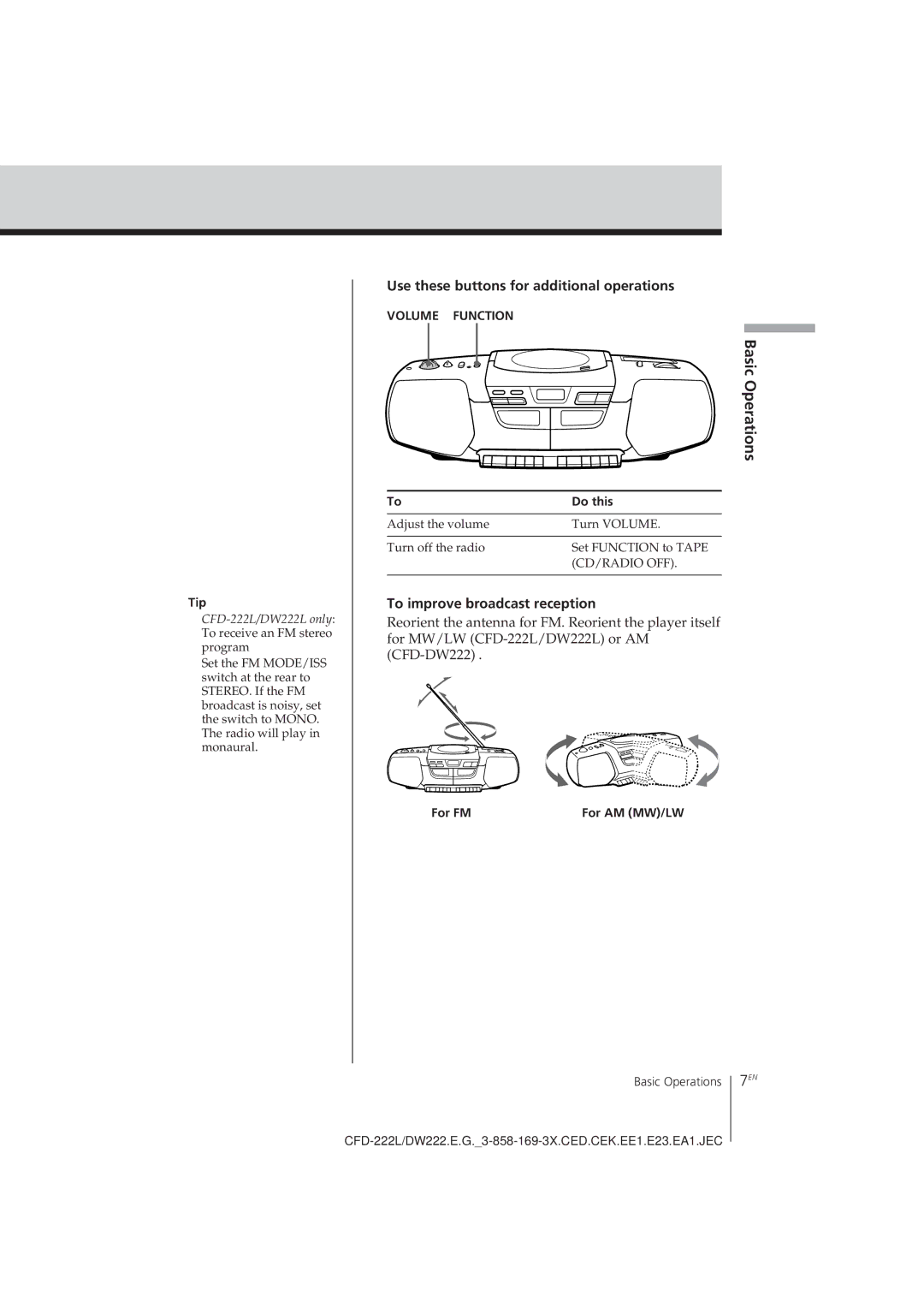 Sony CFD-DW222L, CFD-222L operating instructions To improve broadcast reception, Tip, For FM 