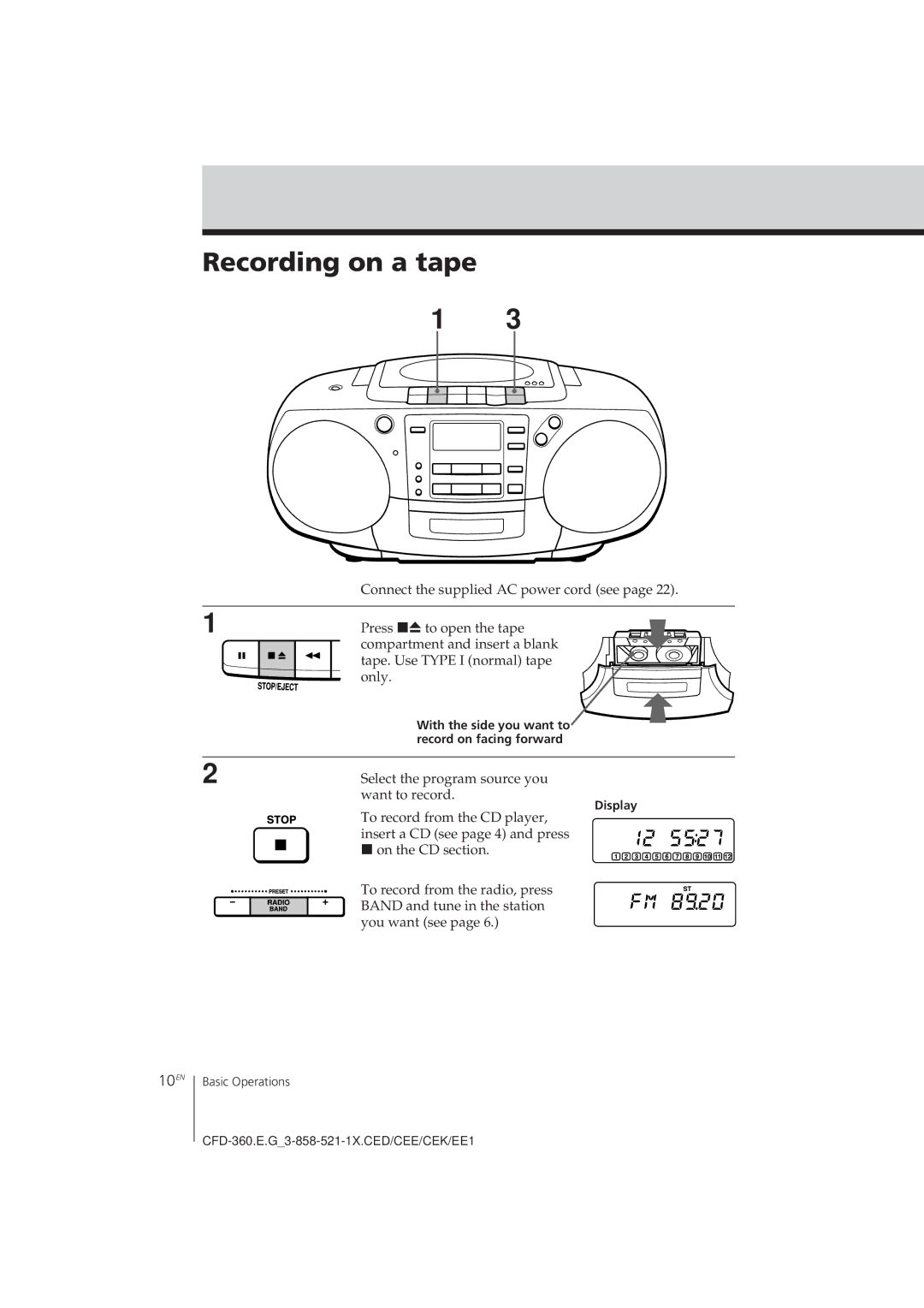 Sony CFD-360 operating instructions Recording on a tape, 10EN, Select the program source you, Want to record 