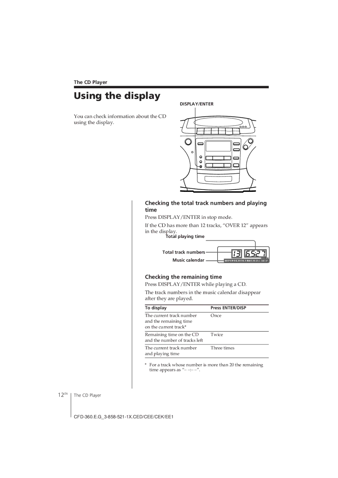 Sony CFD-360 Using the display, 12EN, Checking the total track numbers and playing time, Checking the remaining time 
