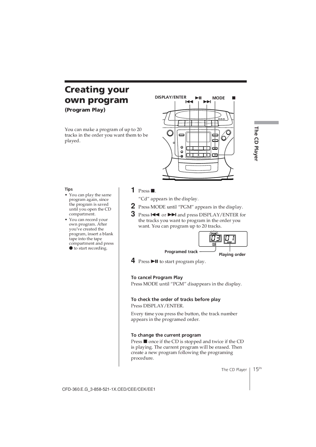 Sony CFD-360 operating instructions Creating your Own program, Program Play, 15EN 