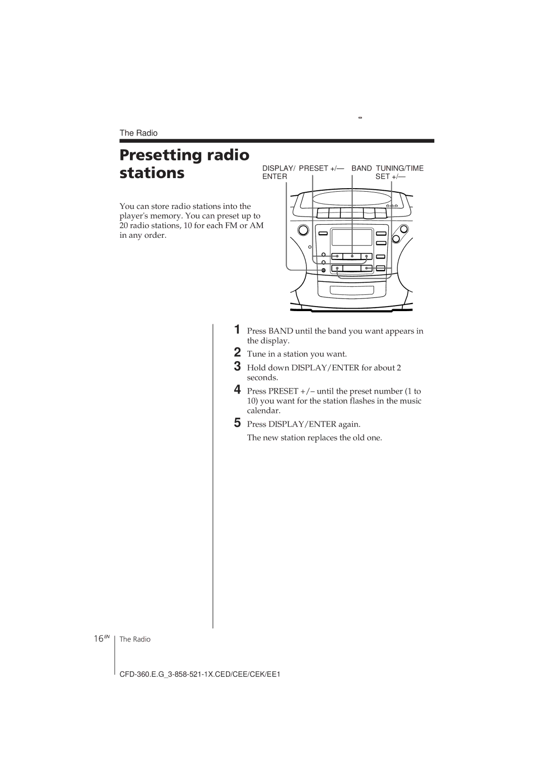 Sony CFD-360 operating instructions Presetting radio Stations, 16EN, Radio, Set + 