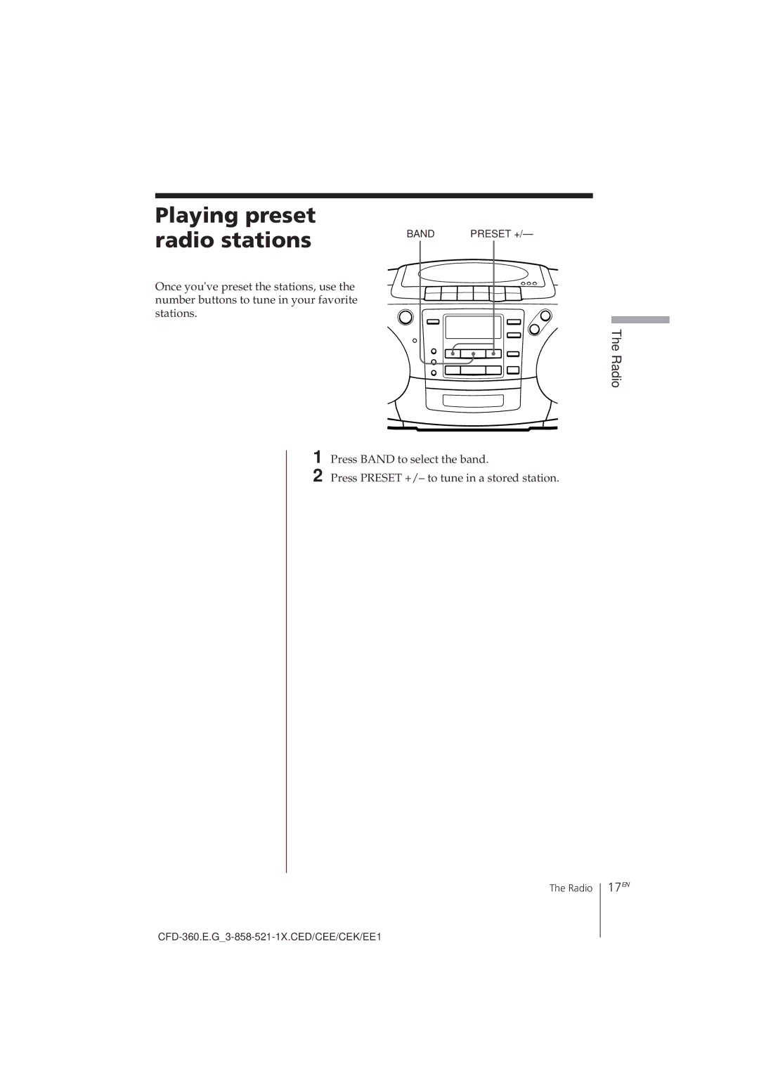 Sony CFD-360 operating instructions Playing preset radio stations, 17EN 