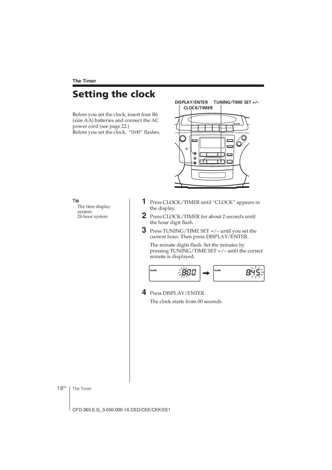 Sony CFD-360 operating instructions Setting the clock, 18EN, Timer 