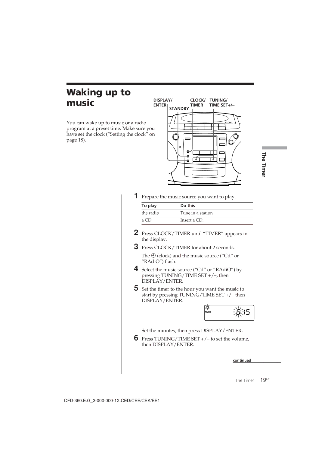 Sony CFD-360 operating instructions Waking up to music, 19EN, Prepare the music source you want to play, To play Do this 