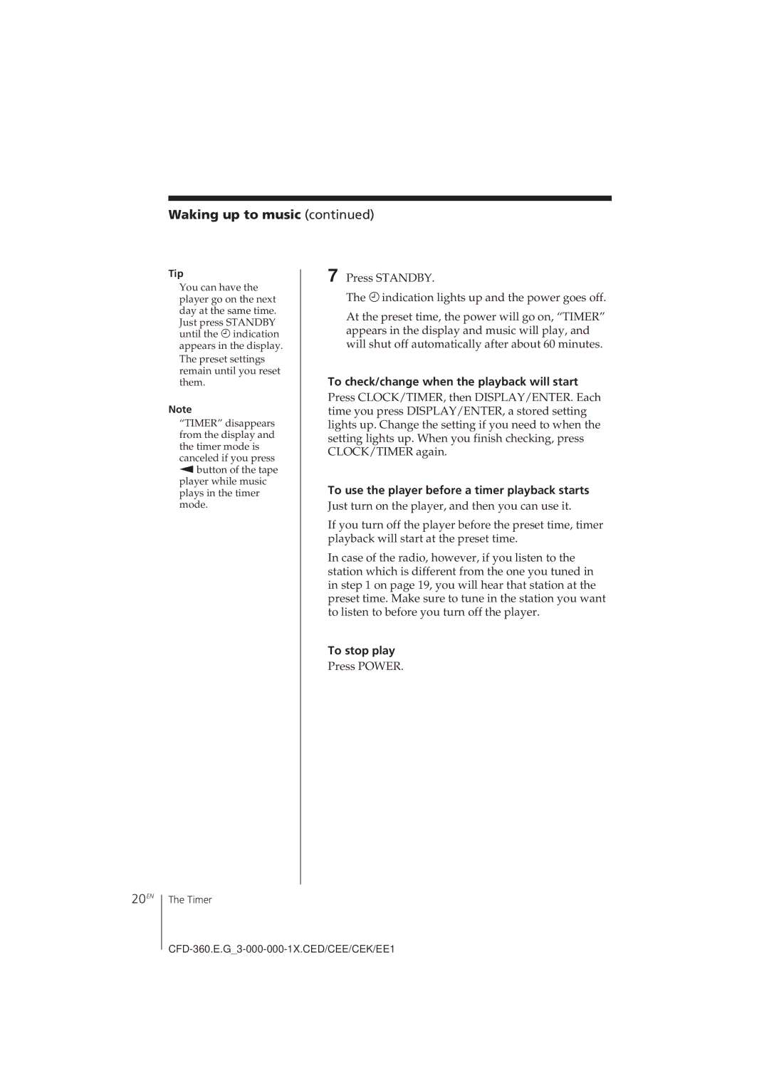 Sony CFD-360 operating instructions Waking up to music, 20EN, To check/change when the playback will start, To stop play 