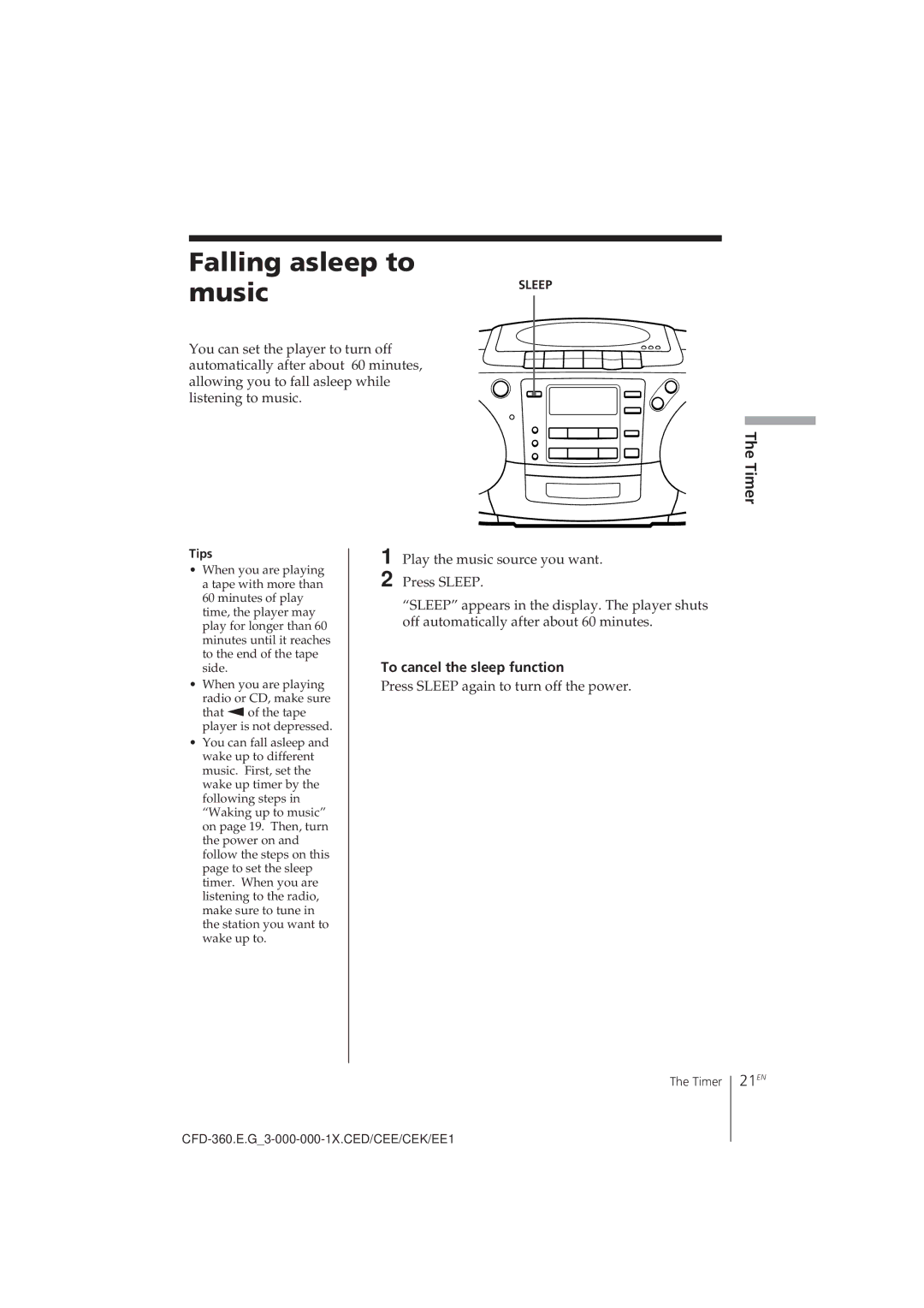 Sony CFD-360 Falling asleep to music, 21EN, To cancel the sleep function, Press Sleep again to turn off the power 