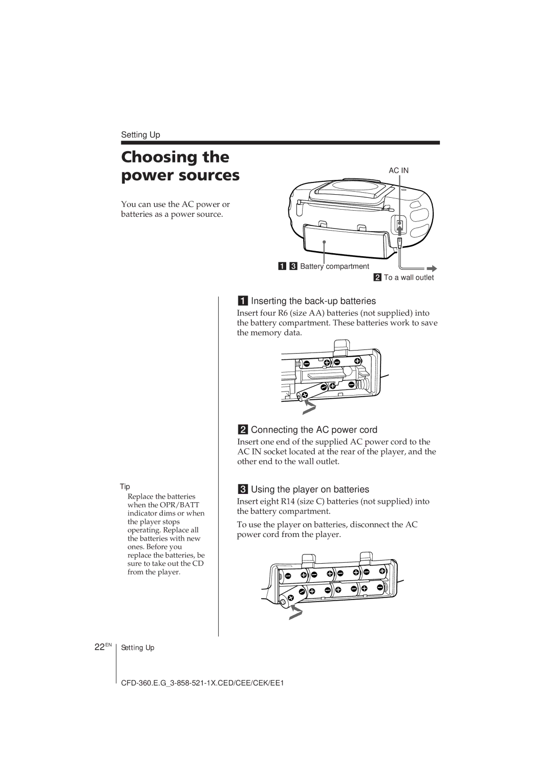 Sony CFD-360 Choosing the power sources, Inserting the back-up batteries, Connecting the AC power cord, 22EN 