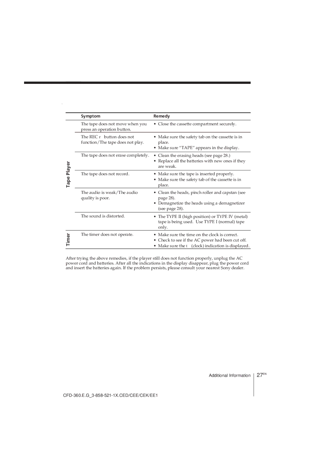 Sony CFD-360 operating instructions 27EN, Timer 