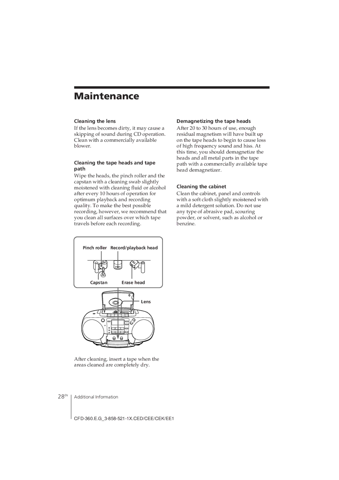 Sony CFD-360 operating instructions Maintenance, 28EN 