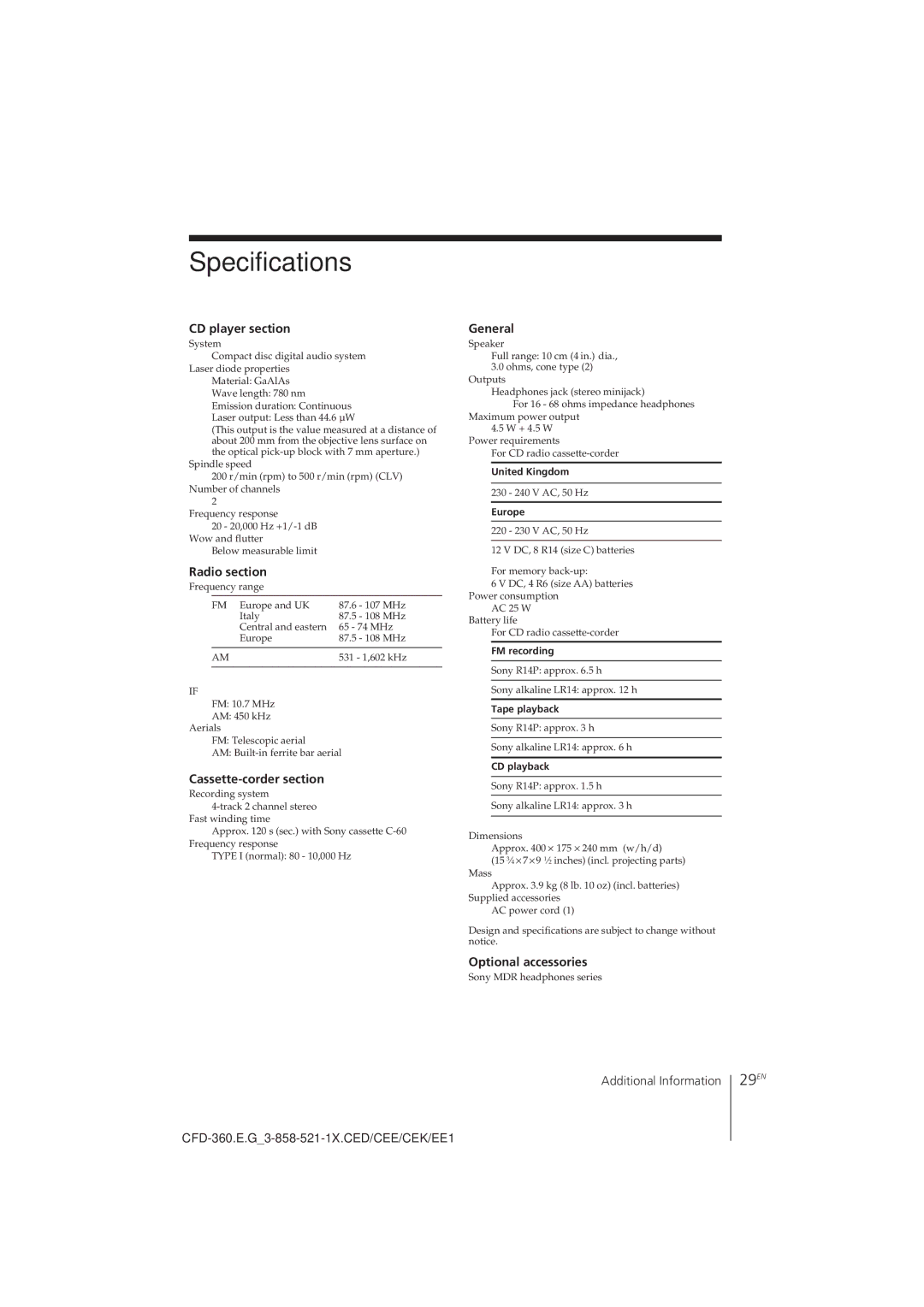 Sony CFD-360 operating instructions Specifications, 29EN 