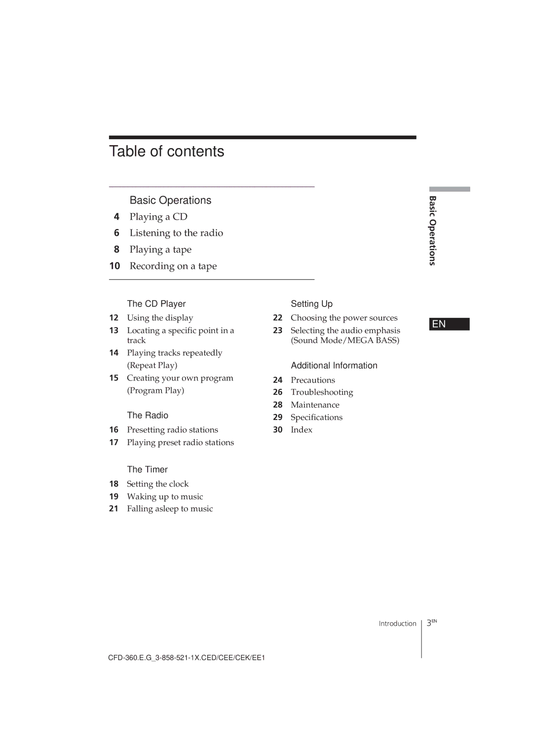 Sony CFD-360 operating instructions Table of contents 