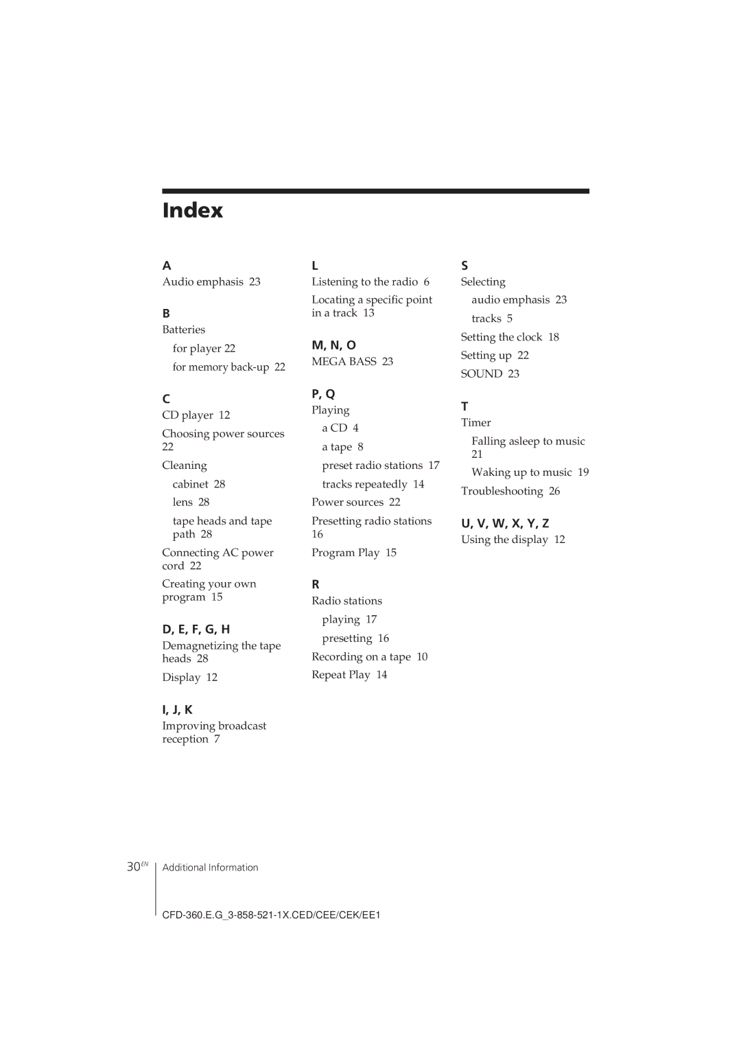 Sony CFD-360 operating instructions Index, F, G, H, W, X, Y, Z, Using the display 